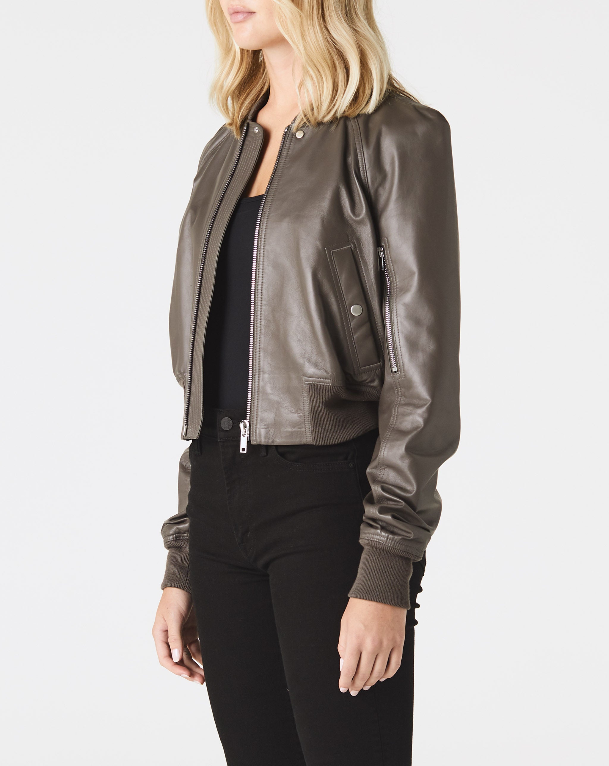 Cropped Leather Bomber Jacket